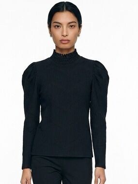 ZARA | Black Textured Laser Cut Collar Long Sleeve Top Women’s Size Small